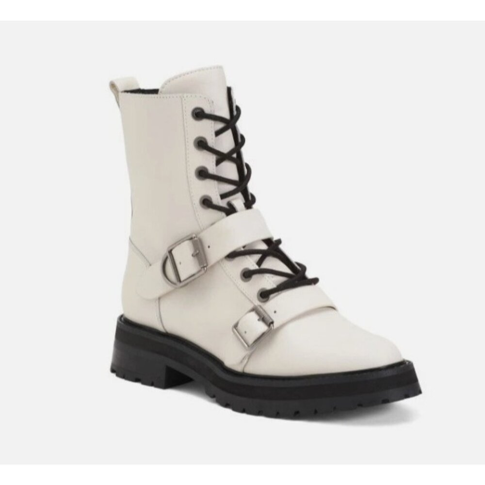 Dolce Vita Ronson White Leather Combat Boots Straps Lug Sole SZ 6.5 NEW
